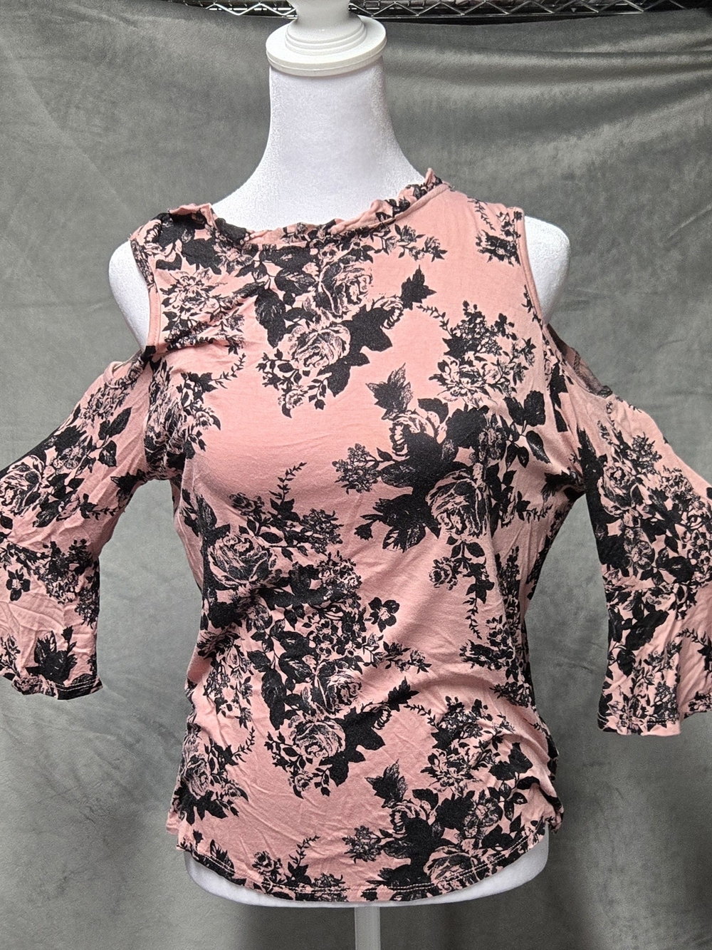 Pink Floral Cold-Shoulder Blouse with Ruffled Neckline